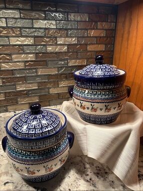 One bean pot;  Blue Floral Ceramic Covered Canisters - Hand-Painted Pattern.